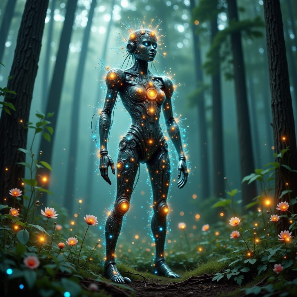 Cybernetic Sentinel in Misty Enchanted Forest