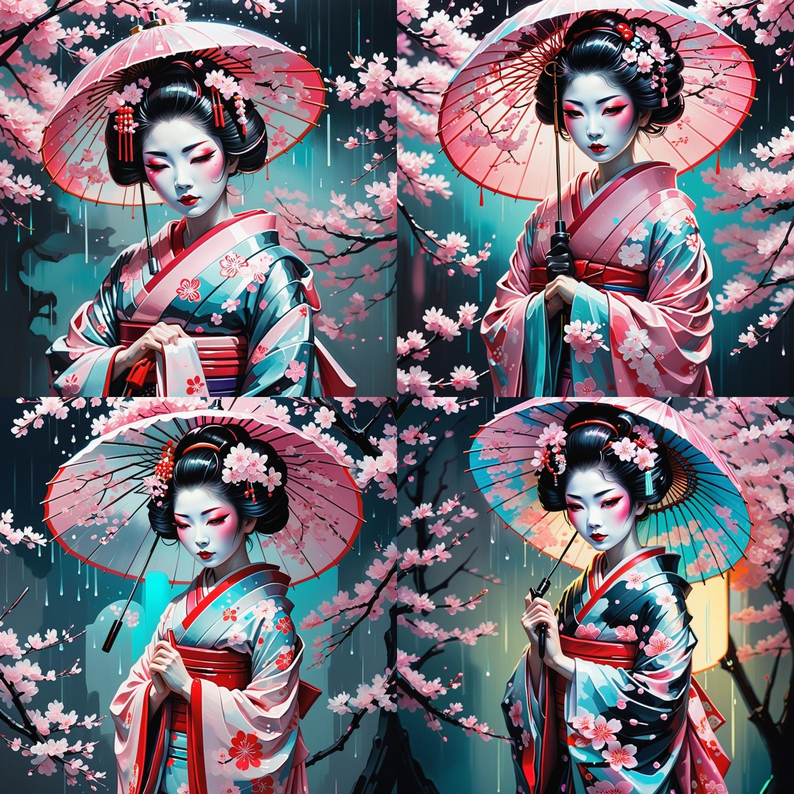 Geisha with Bioluminescent Umbrella in Impasto Gouache