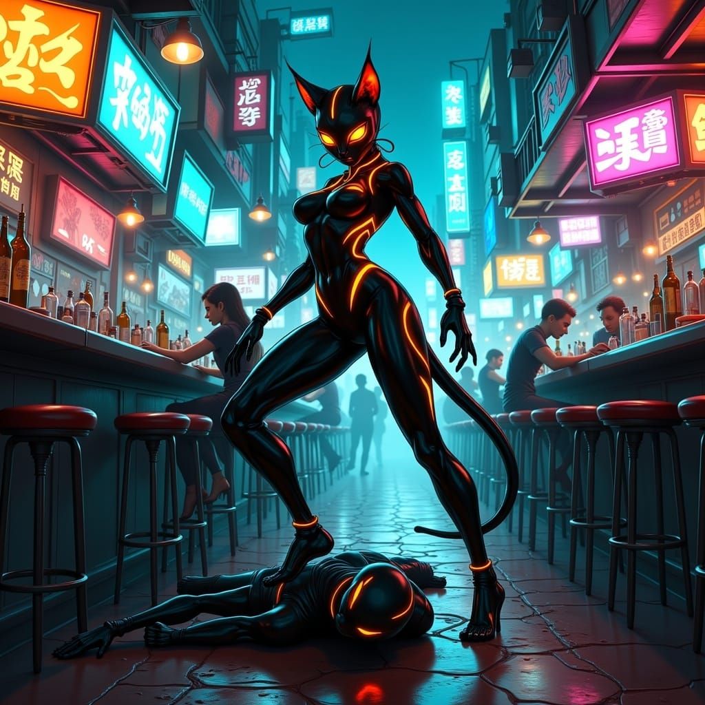 Futuristic Feline Heroine in Cyberpunk Bar