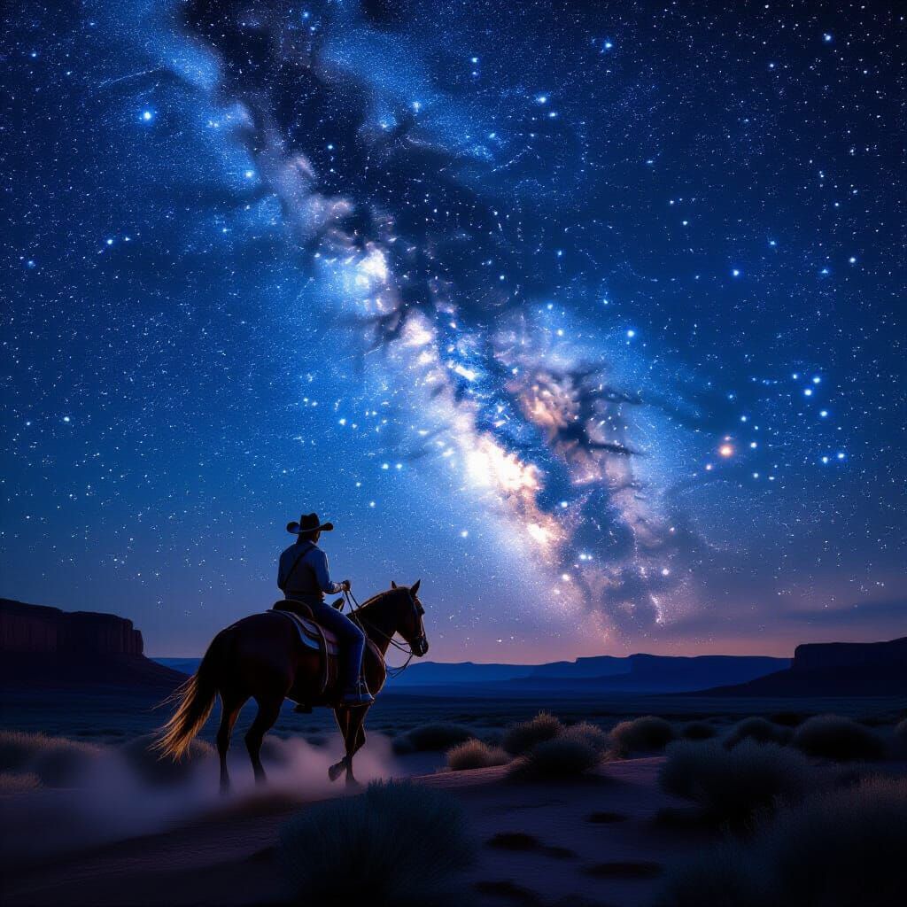 Cowboy Rides Horse Under Milky Way Galaxy in Anime Style