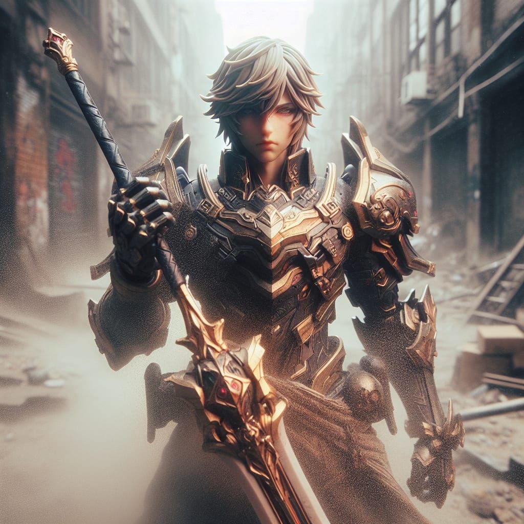 Anime Warrior in Dystopian Street, Hyper-Realistic Photograp...