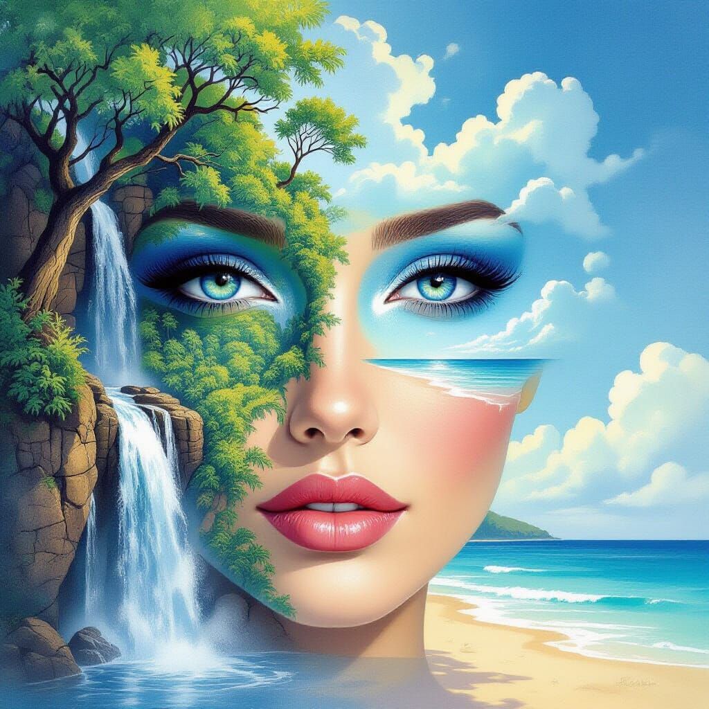 Ethereal Woman's Face in Sky with Nature Scenes