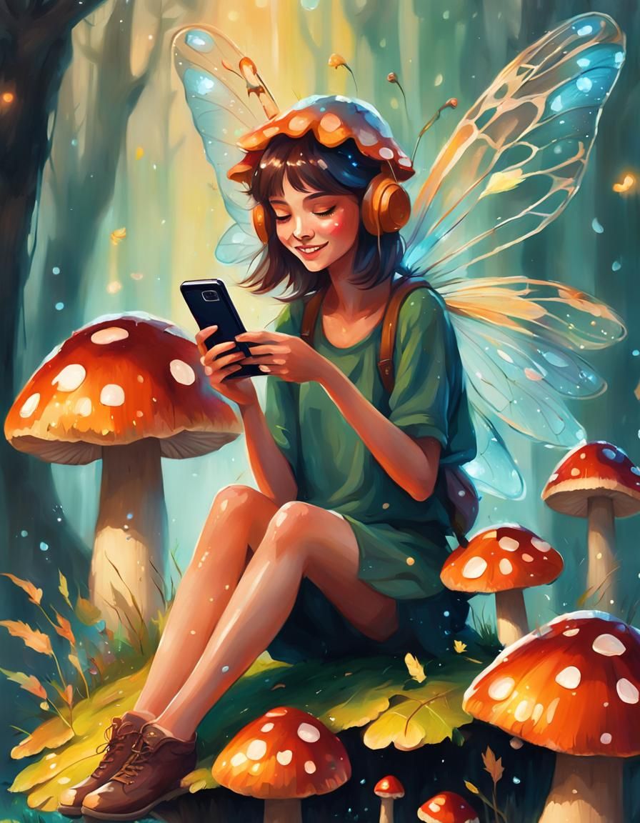 Teenage Fairy in Mushroom Forest, Impressionist Oil Painting