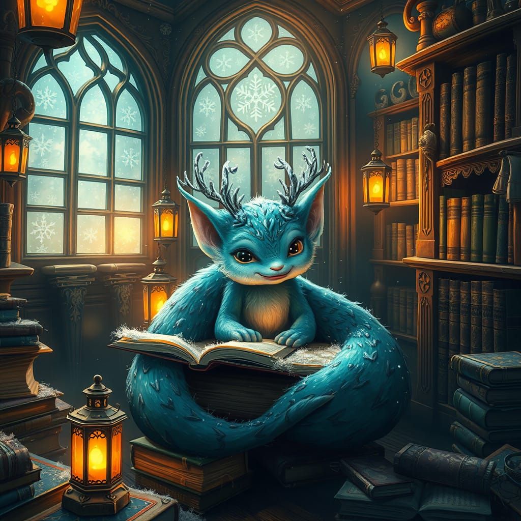 Whimsical Winter Creature in an Enchanted Library