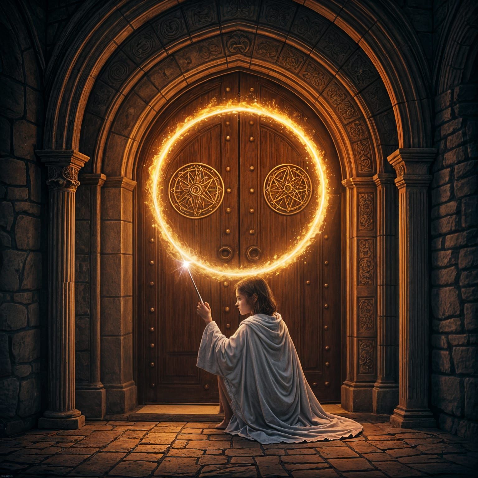 Young Woman and Magical Doorway in Fantasy Art