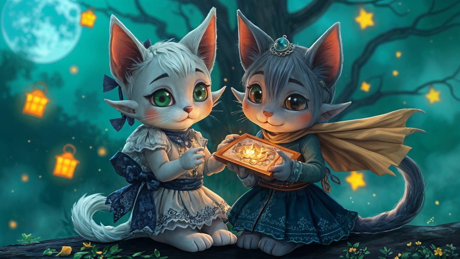 Chibi Irish Elf Kitties in Enchanted Emerald Forest