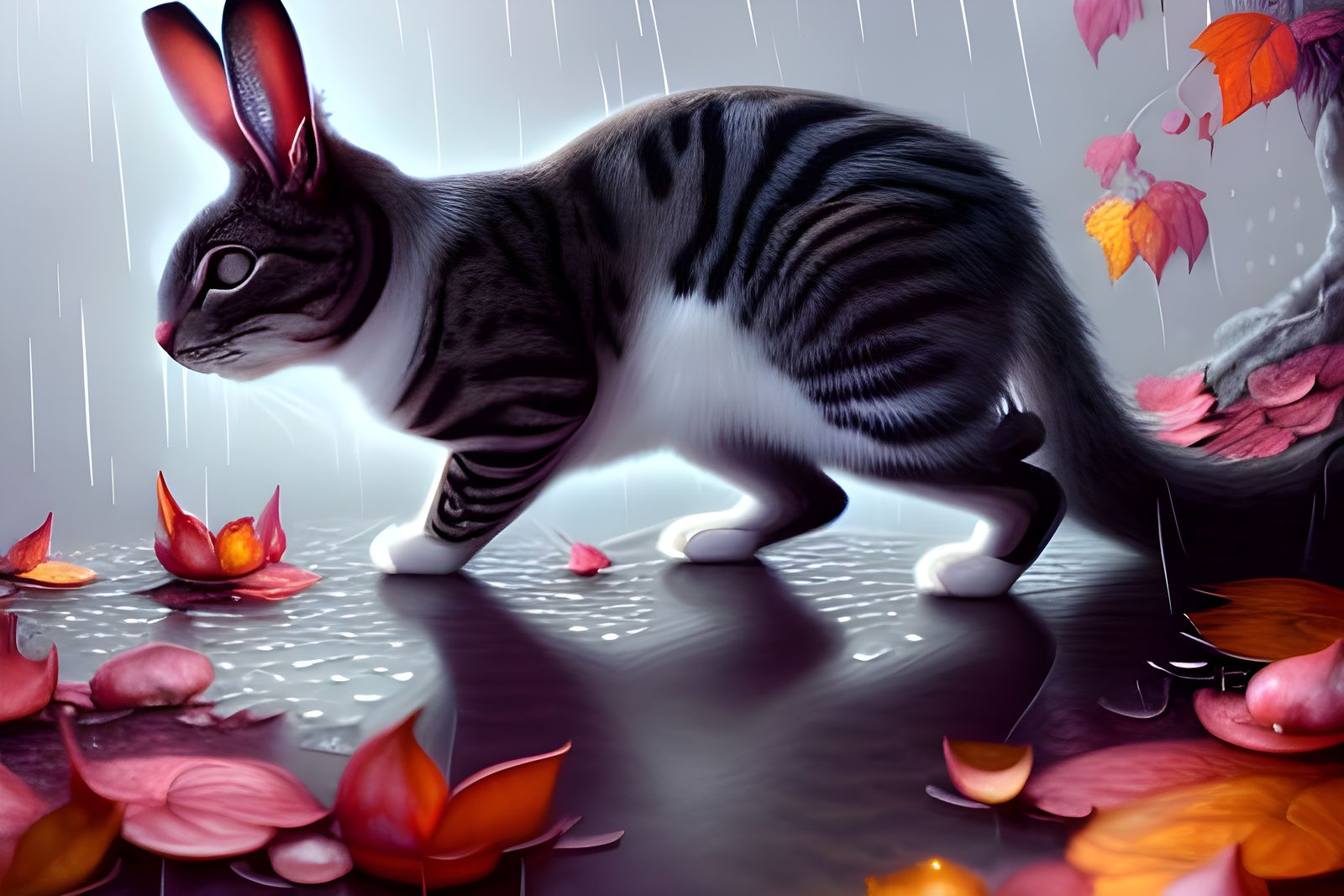 Hyperdetailed Cat-Rabbit in Autumn Rain
