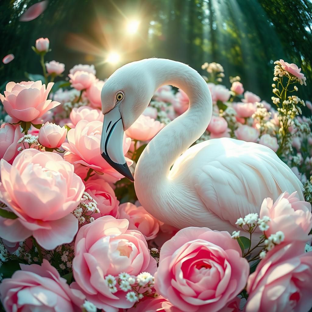 White Flamingo in Peonies Garden, Dreamy Wide-Angle Lens