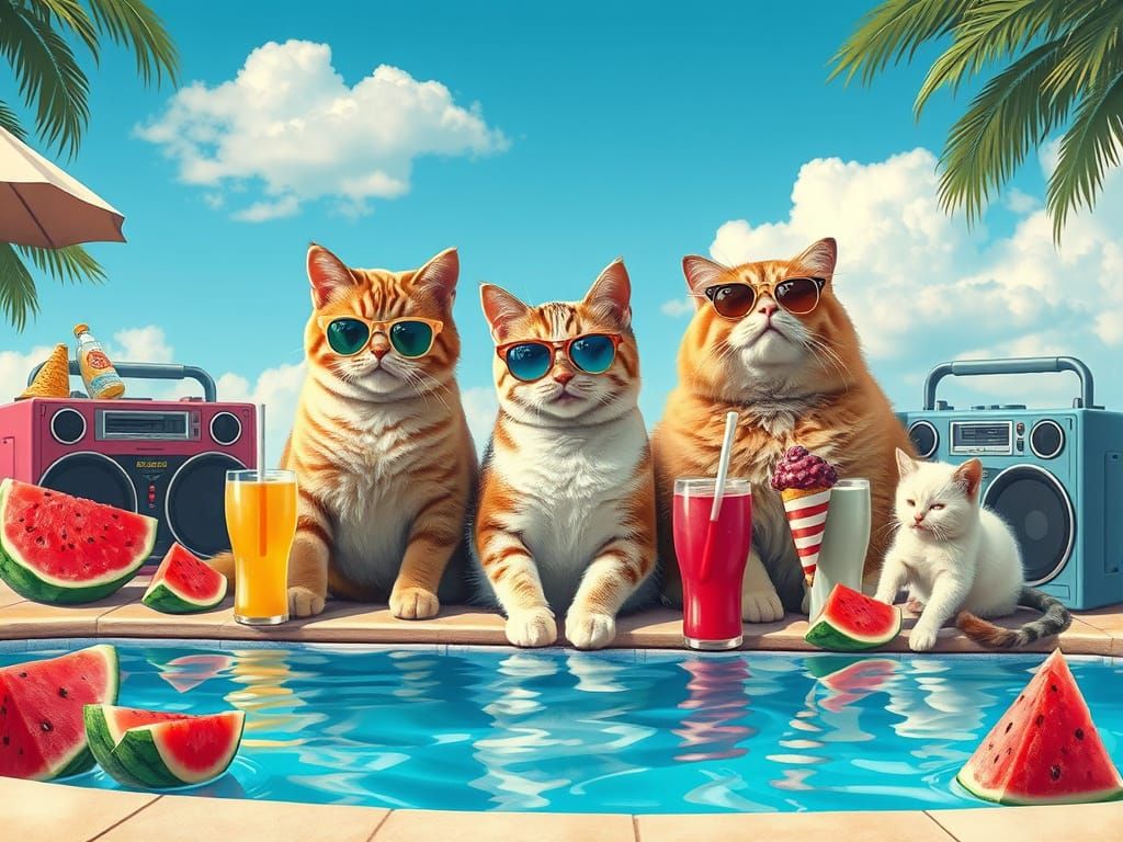 Cats' Pool Party in Photorealistic Style