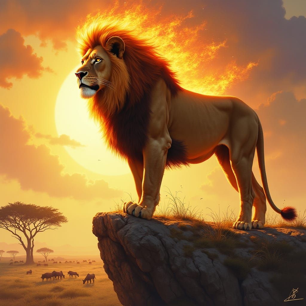 Majestic Lion with Flaming Mane on Savannah