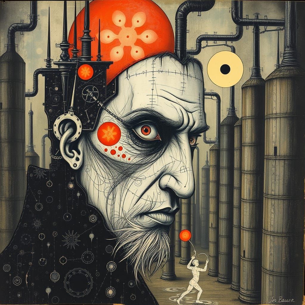 Surreal Trickster Spirit in Industrial Labyrinth