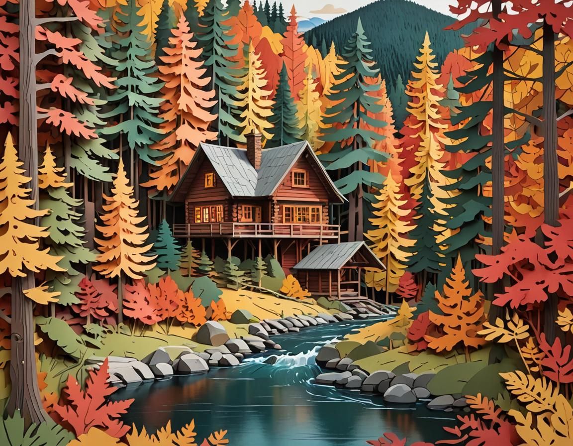 Cozy Cabin in Autumn Forest, Paper-Cut Style