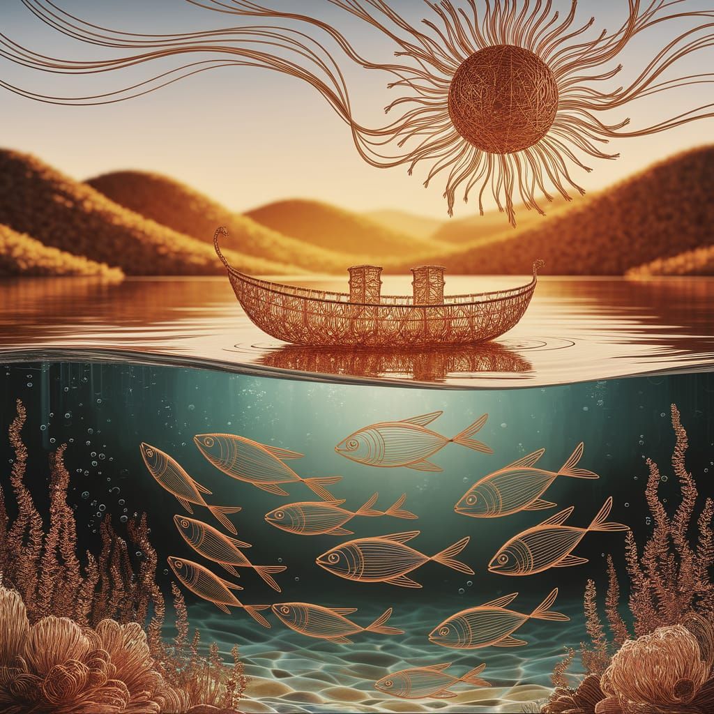 Copper Boat on Lake in Art Nouveau Style