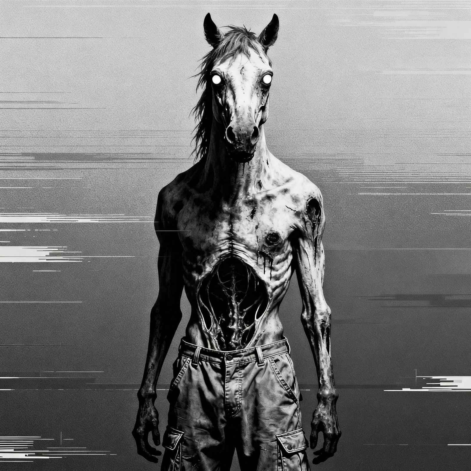 Undead Horse in Stark Minimalist Horror Style