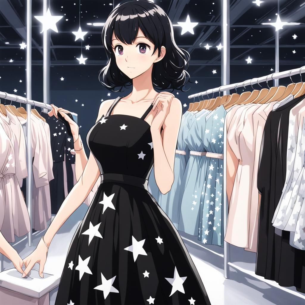 Anime Woman Inspects Starry Dress in Store