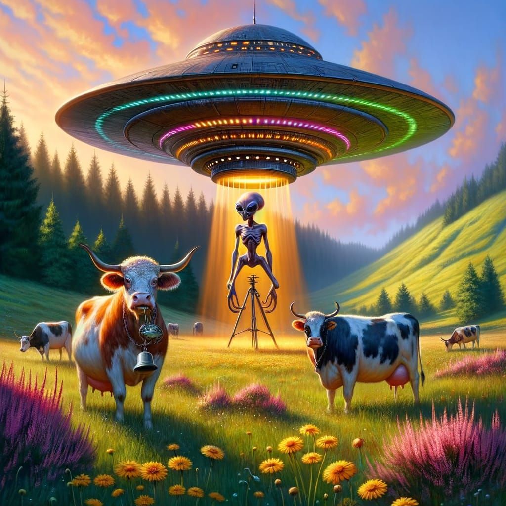 Spinning Top UFO Emerges in Serene Meadow