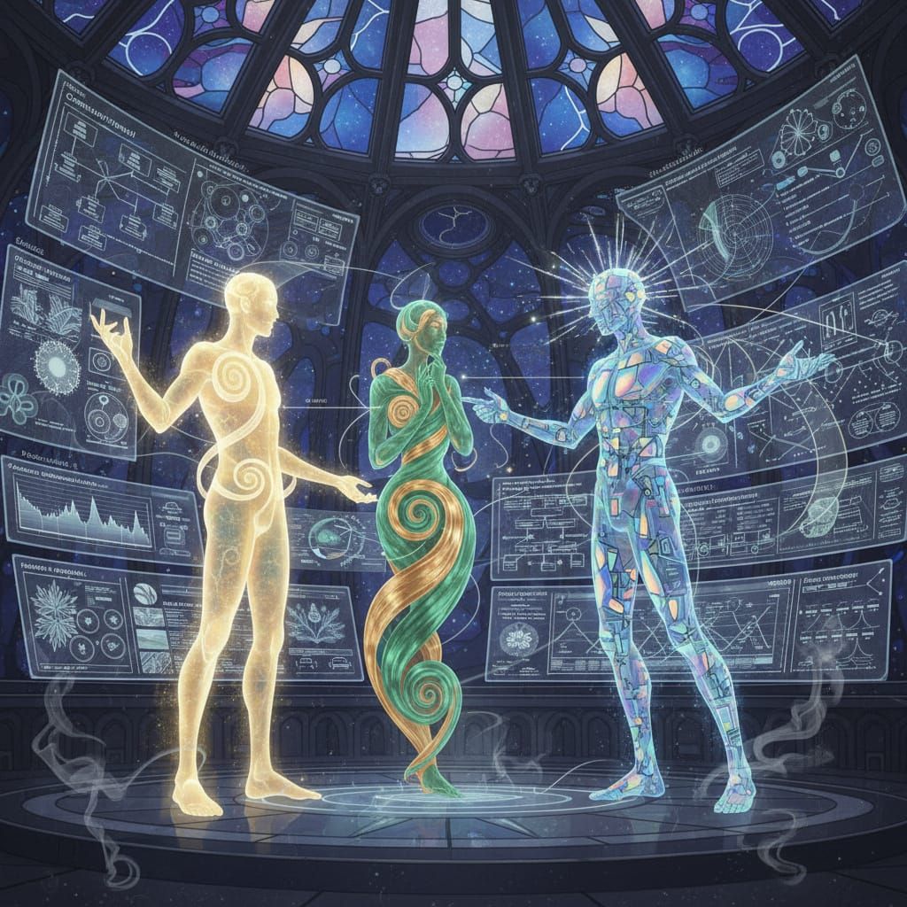 Angelic Beings in Cosmic Observatory Discussing Patterns