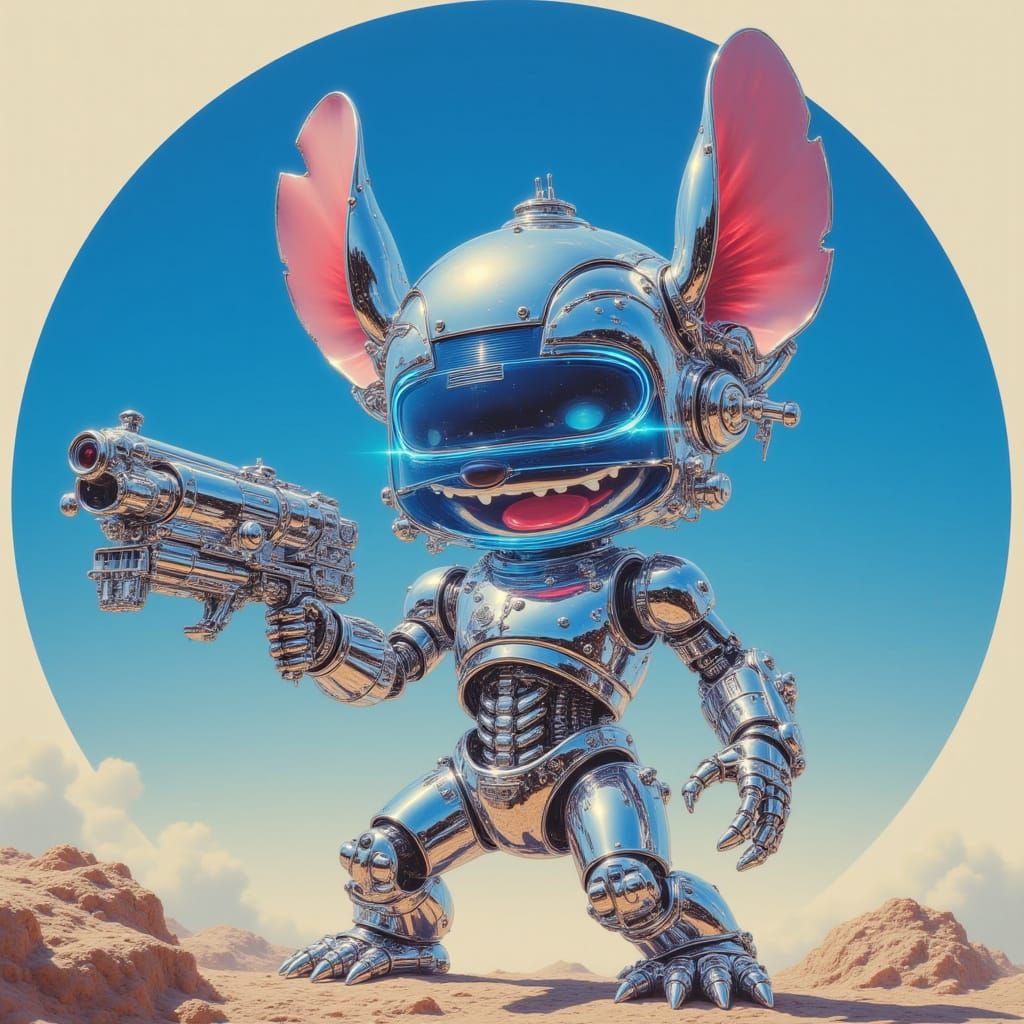 Hyperrealistic Stitch Robot in Action Pose with Chrome Body