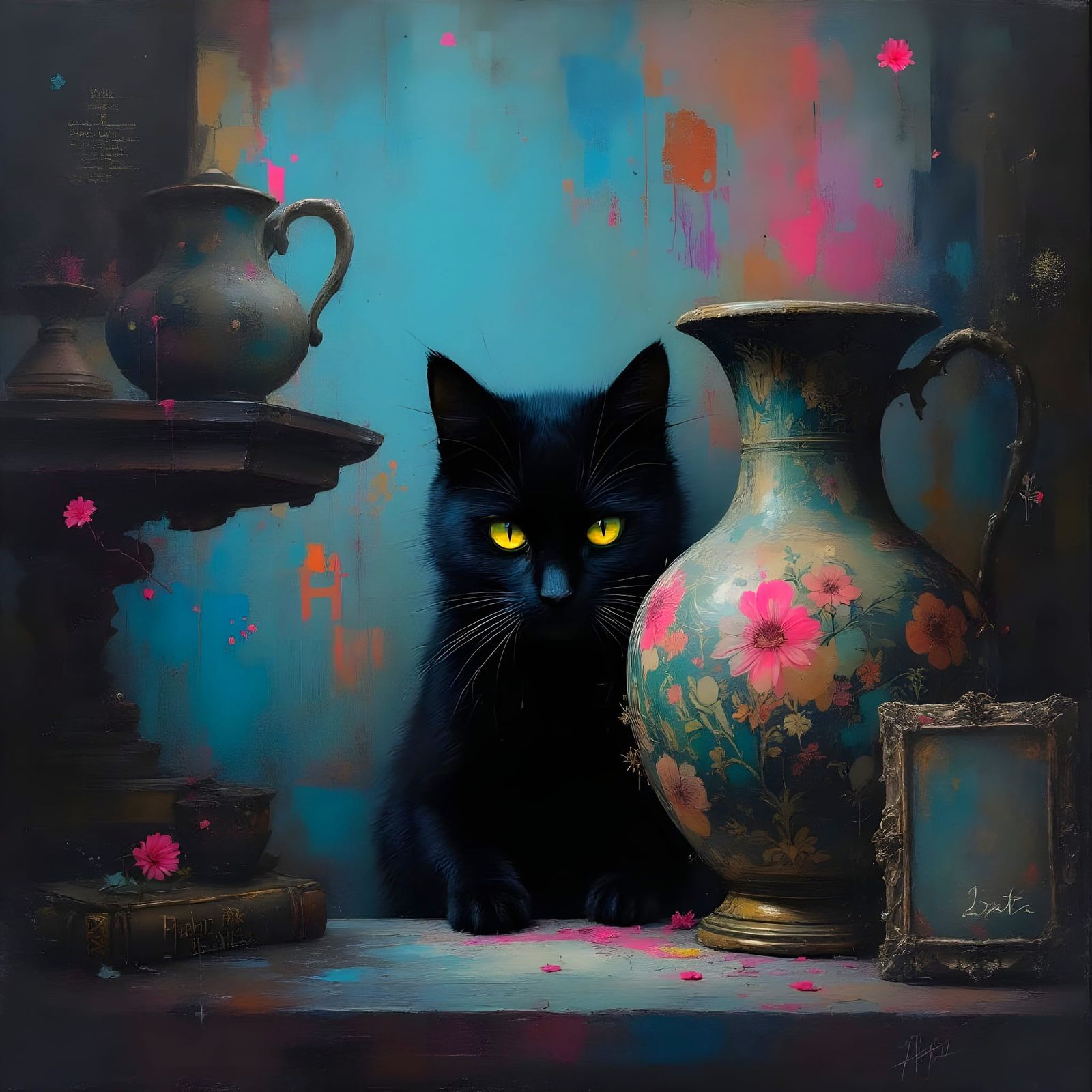 Black Cat Hiding: Surreal Oil Painting in Museum
