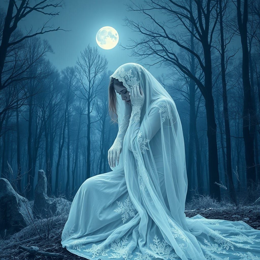 Serene Woman Surrounded by Mystical Forest in Frosty Etherea...