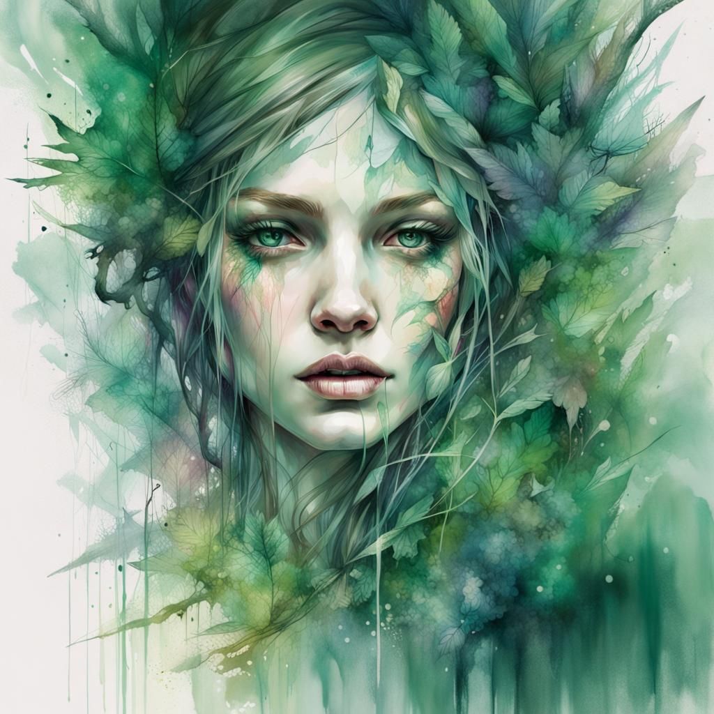 Emerald Forest Woman: Watercolor and Ink Portrait