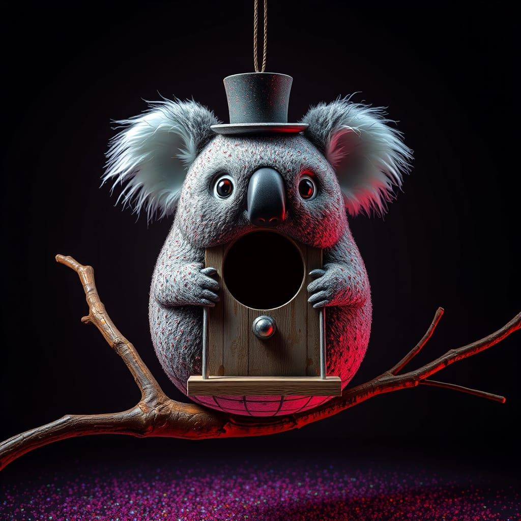 Hyperrealistic Koala Birdhouse with Top Hat and Monocle