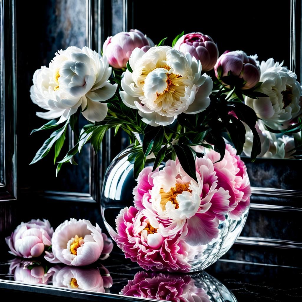 Elegant Peony Bouquet in Geode Vase, CGI Art