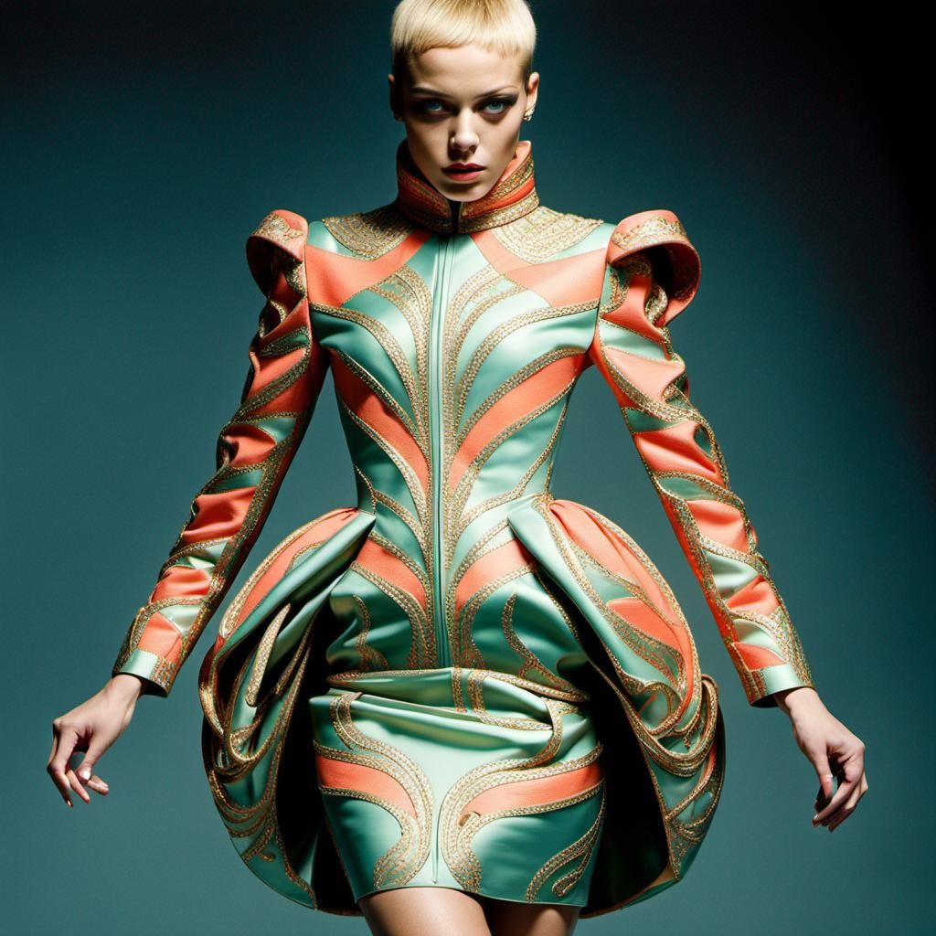 Golden Woman in Opulent Pastel Dress