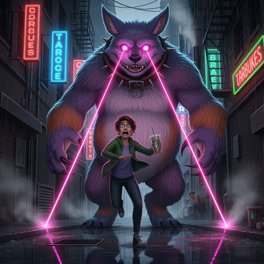 Giant Laser-Eyed Labubu Chases Human in Alley