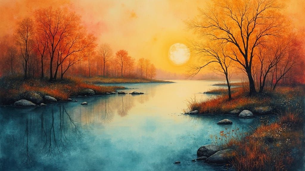 Whimsical River Landscape in Vibrant Orange and Teal