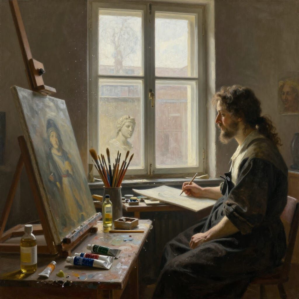 Realistic Artist Studio in Warm Window Light