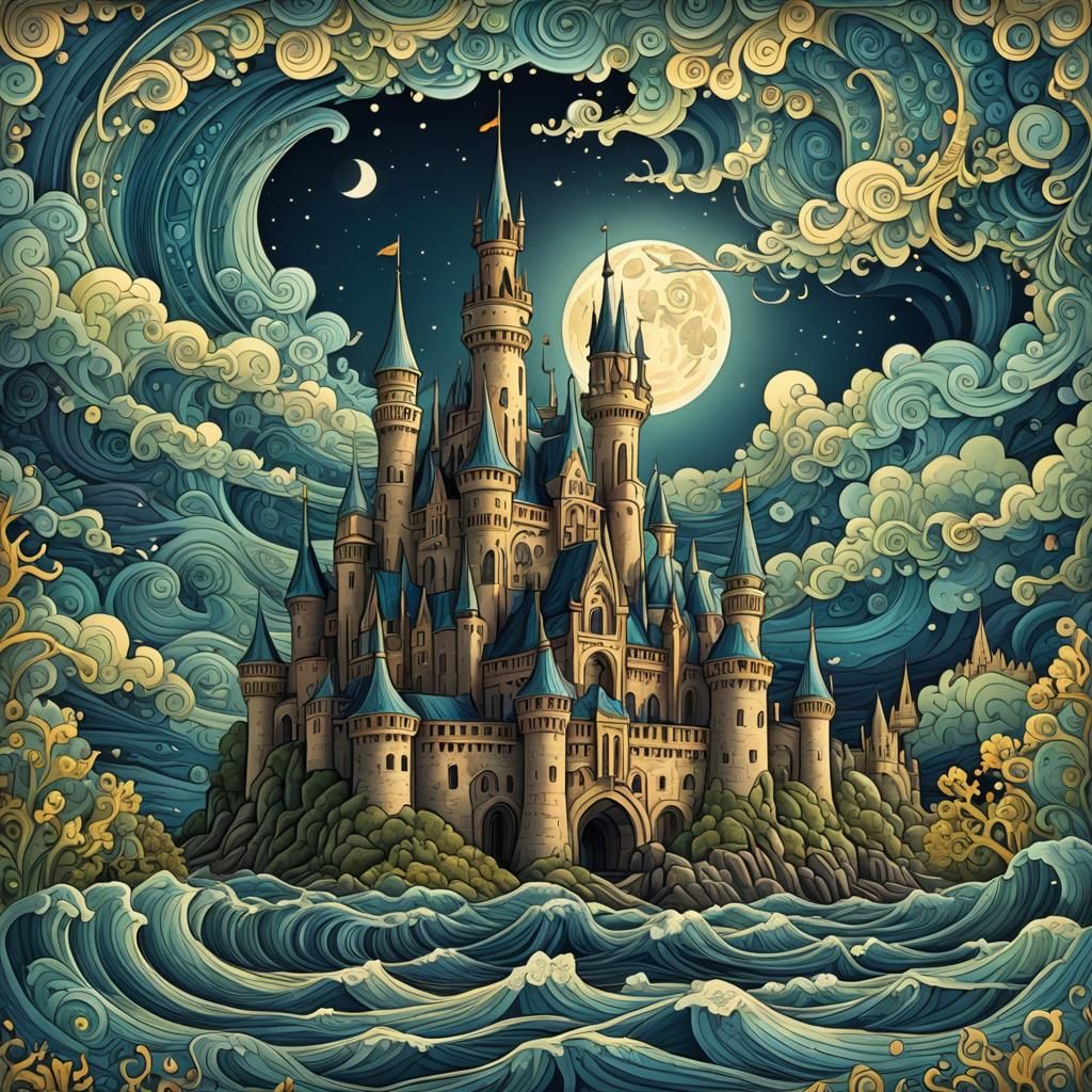 Surreal Castle Illuminated by Lunar Light in Abstract Fracta...