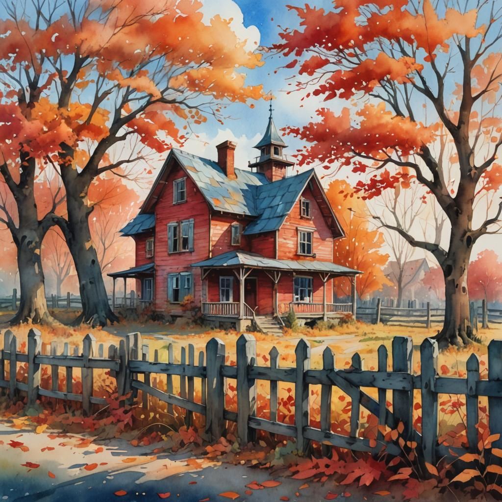 Whimsical Watercolor of Abandoned House in Autumn Village