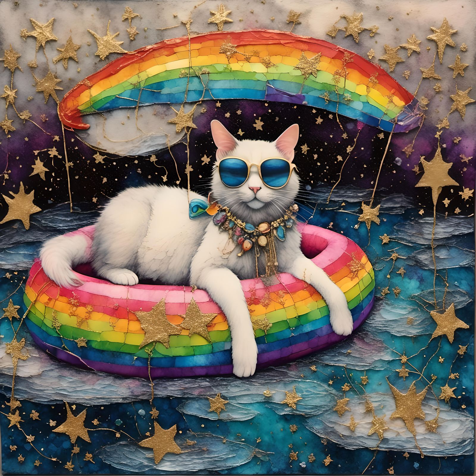 Whimsical Collage Cat on Pride Floatie