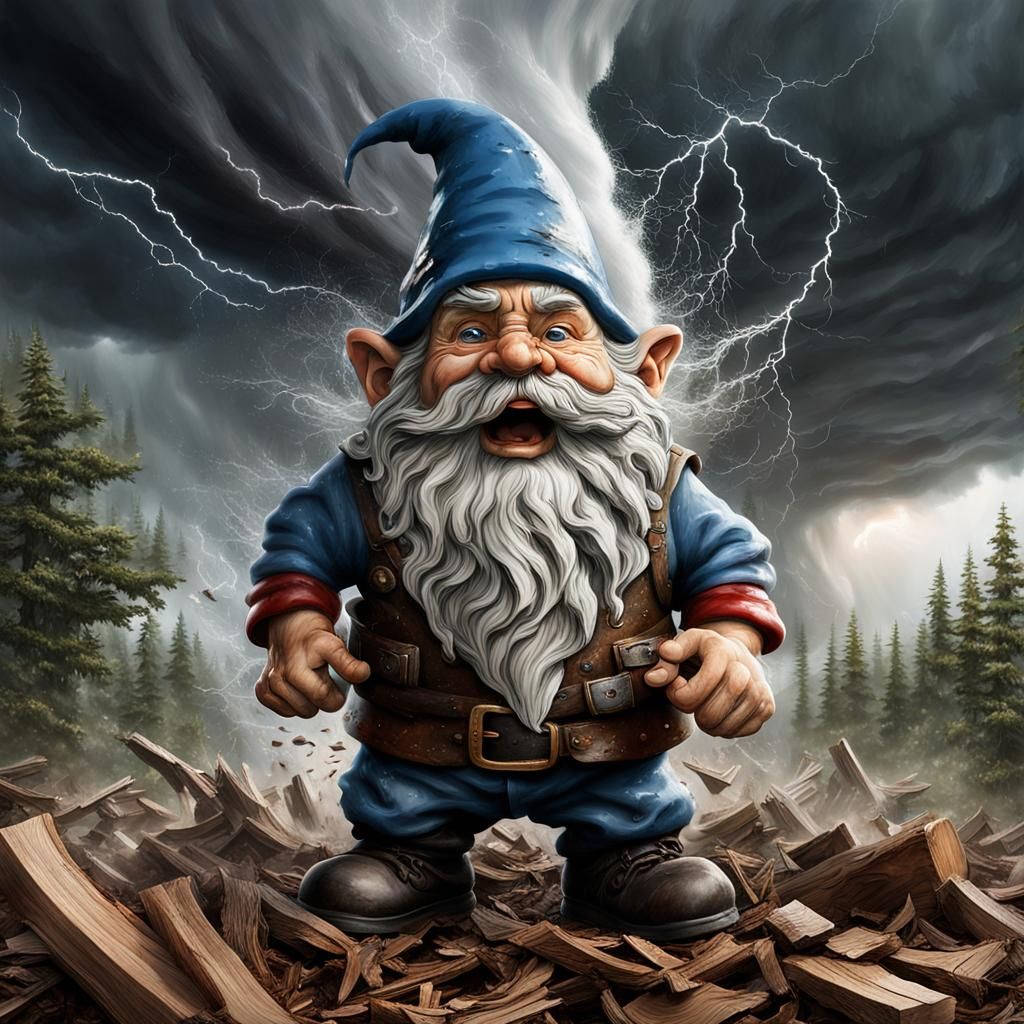 Gnome Emerges from Tornado in Hyper-Realistic Style