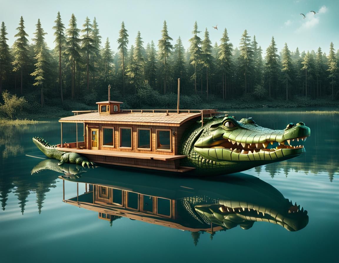 Alligator Houseboat: Detailed CGI Octane Render