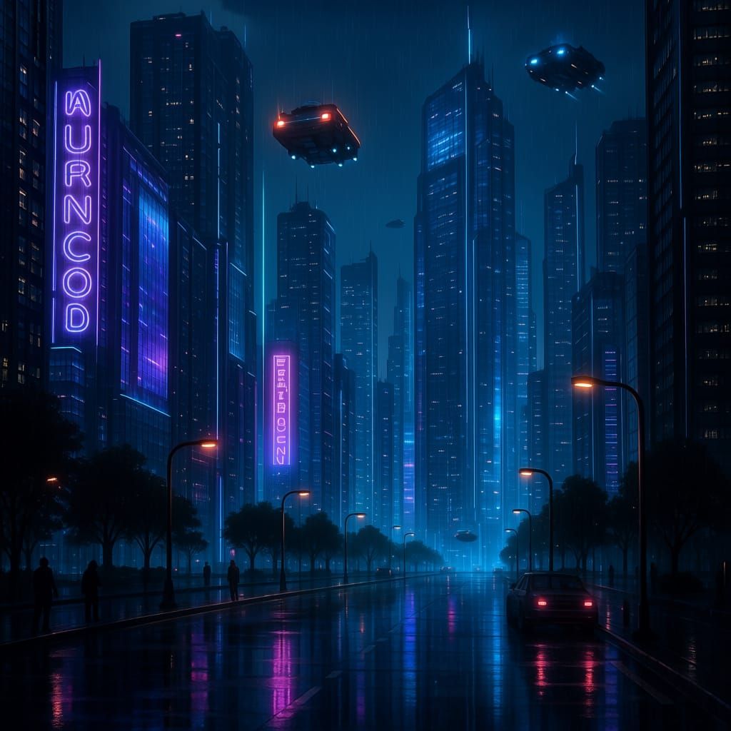 Cyberpunk Cityscape at Night with Flying Vehicles