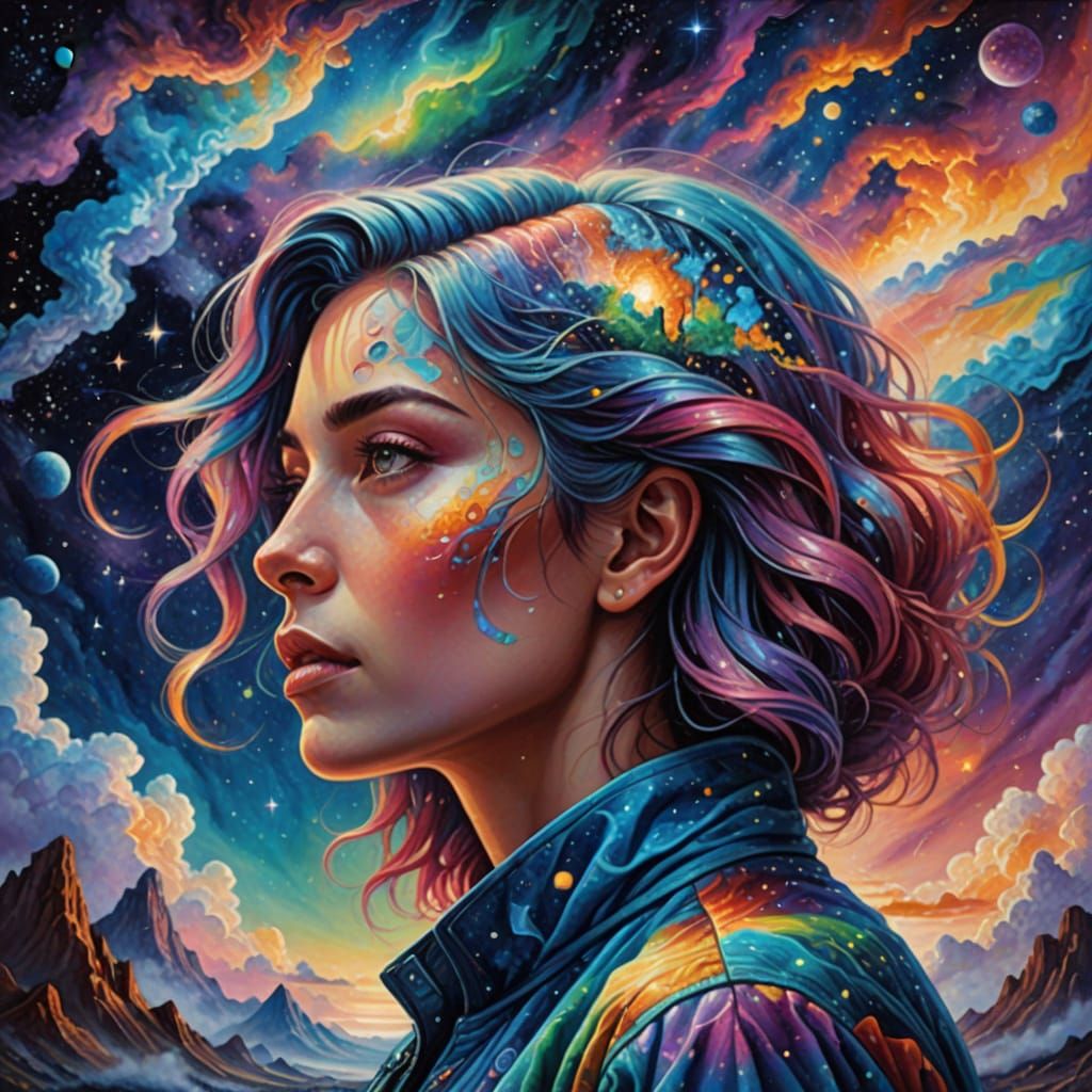 Vibrant Cosmic Goddess with Iridescent Hair