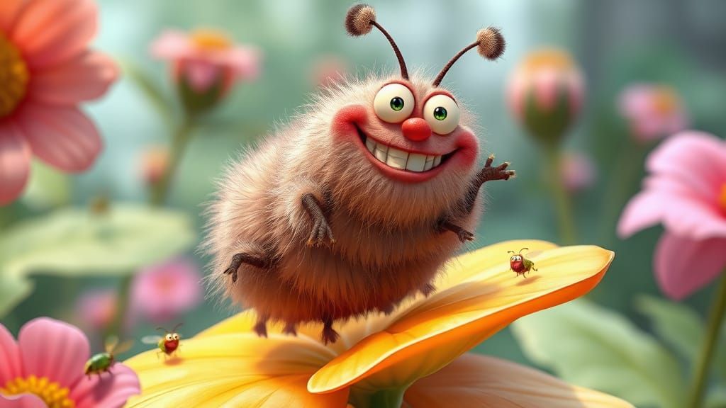 Cartoon Caterpillar's Goofy Dance on a Flower