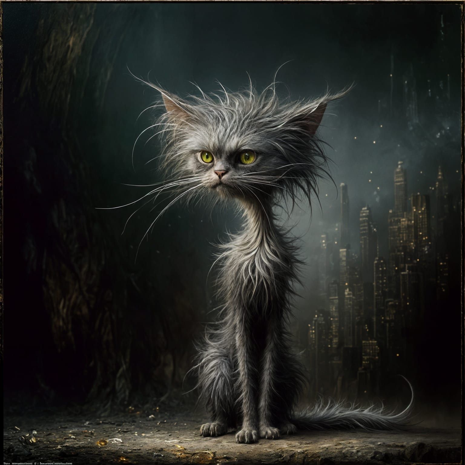 Whimsical Oil Painting of a Grim Grey Cat