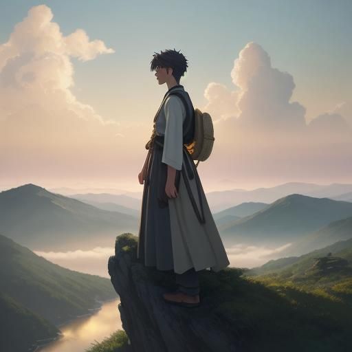 Boy Contemplates Sky at Mountain Peak: Anime Style