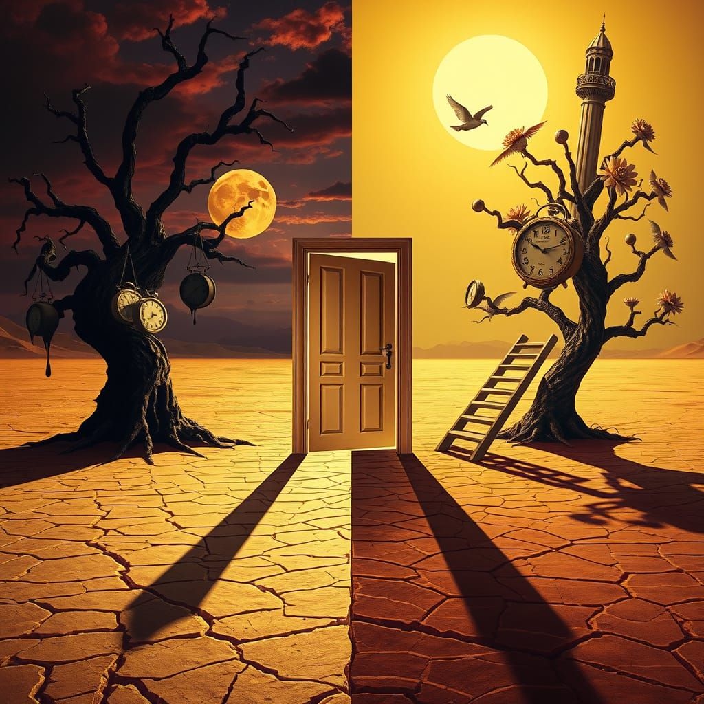 Surreal Desert Dreamscape with Melting Clocks