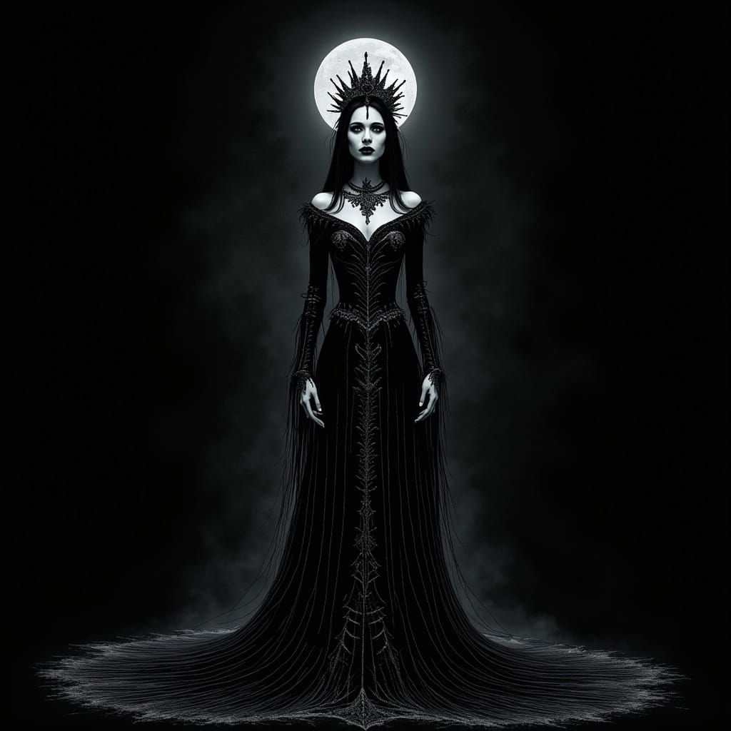 Mysterious Victorian-Era Woman in Crescent Moonlight