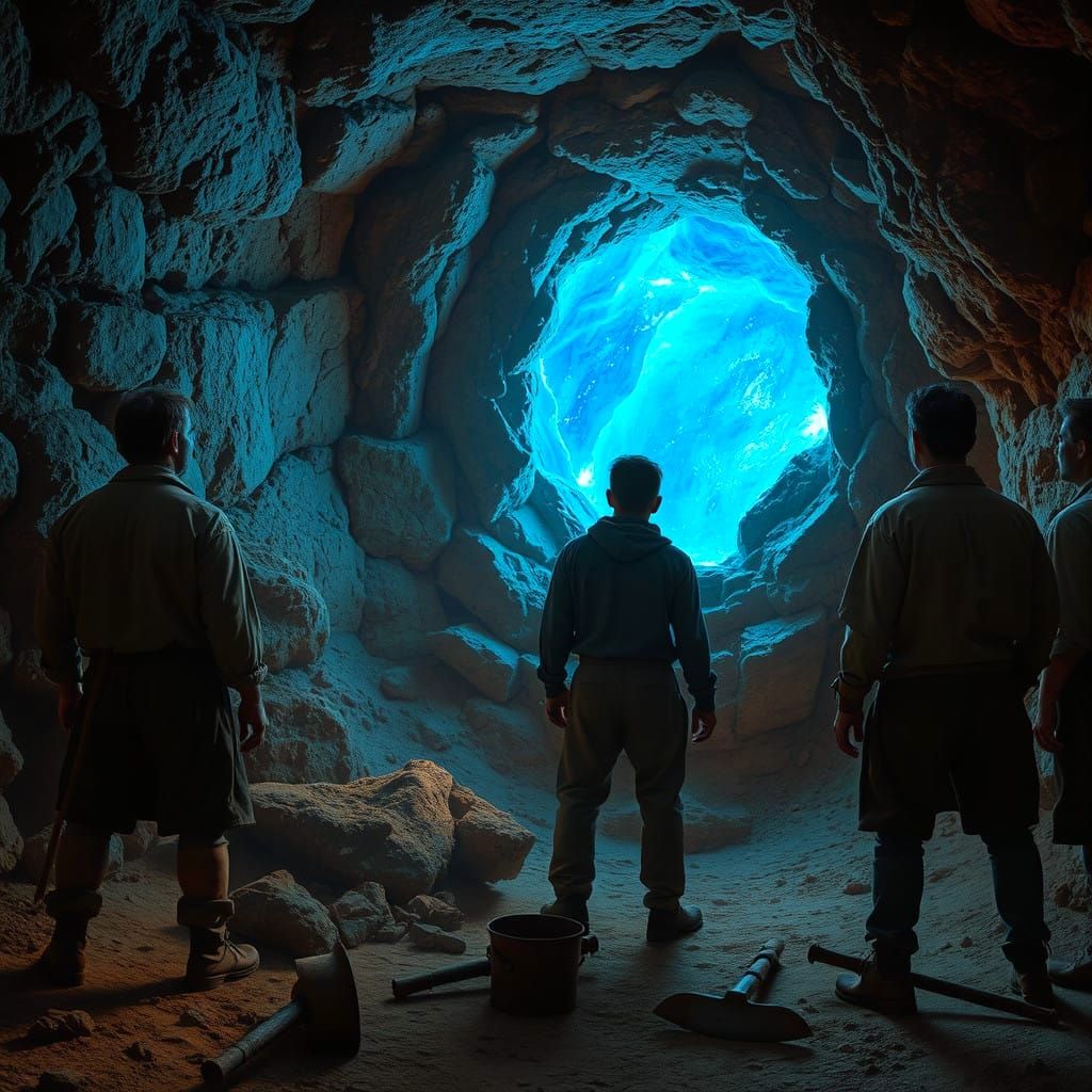 Weathered Prisoners Gaze at Radiant Gemstone in Abandoned Mi...