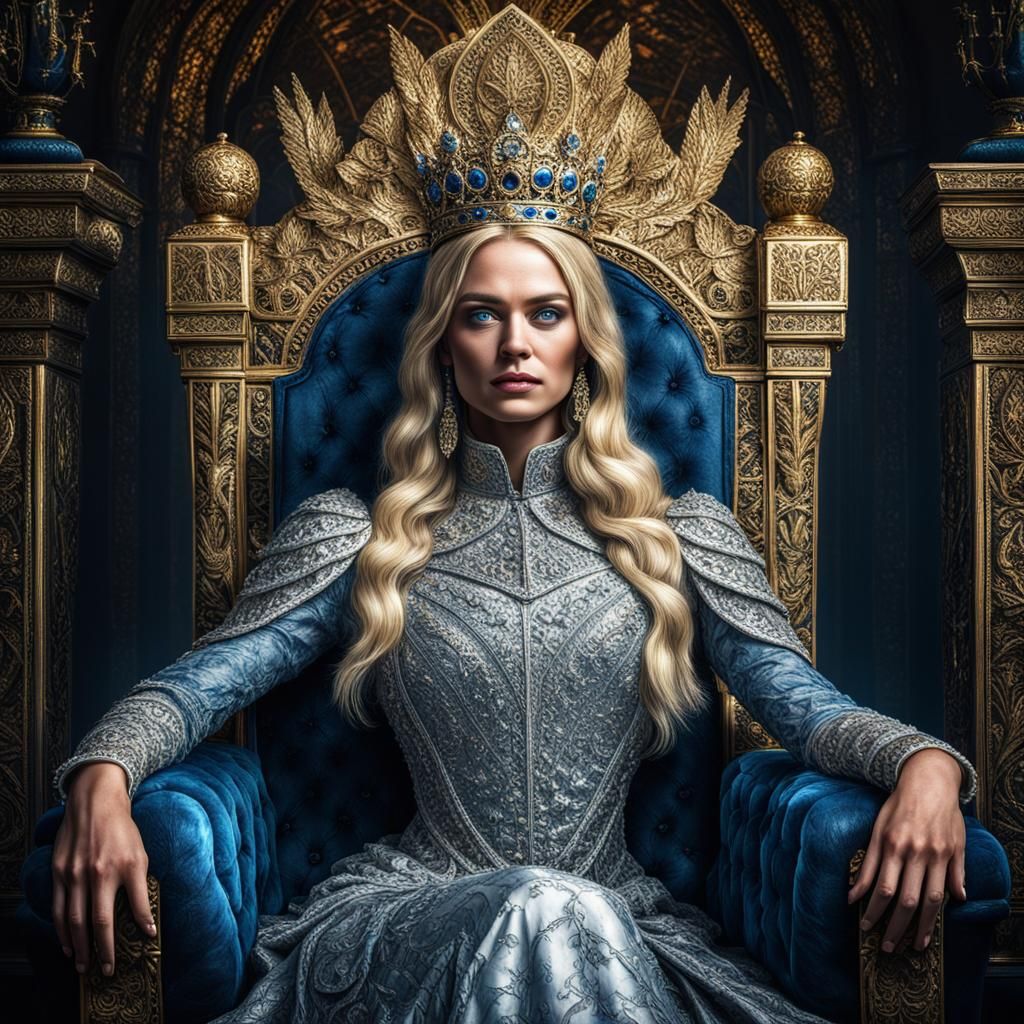 Powerful Young Queen on Throne in Hyperrealistic Style