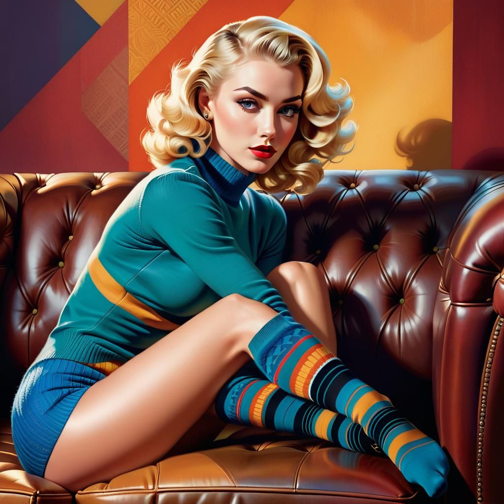 Blonde Woman on Leather Couch: Pin-Up Pop Art