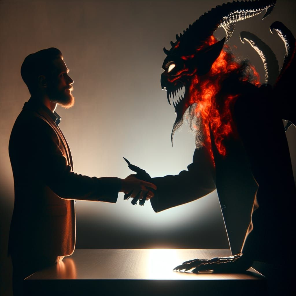 Dramatic Handshake with Shadowy Demonic Entity