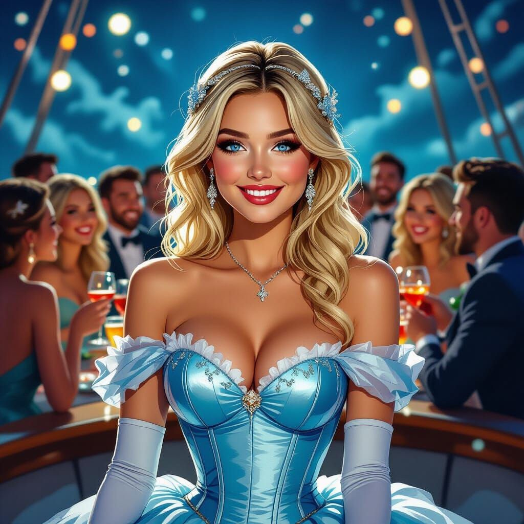Woman in Blue Corset Gown on Christmas Boat Party