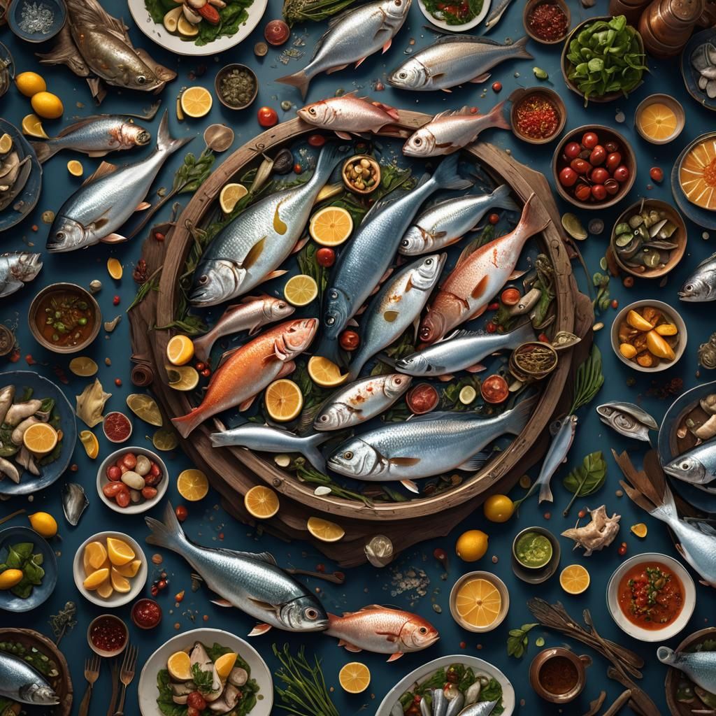 Fantastical Table of Fish: Detailed Matte Painting