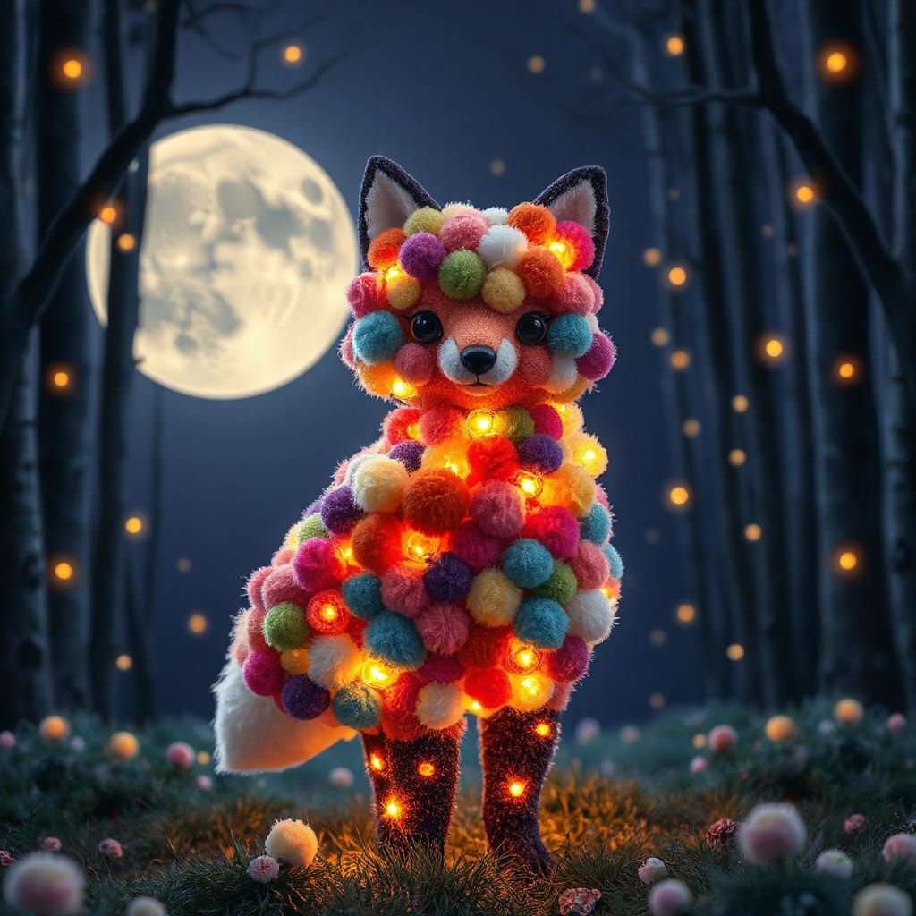 Pom Pom Fox in Moonlit Forest with Constellation Patterns